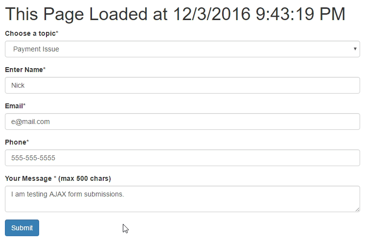 Animated demo of a Formulate form being submitted via AJAX, showing the page timestamp remains unchanged after submission.