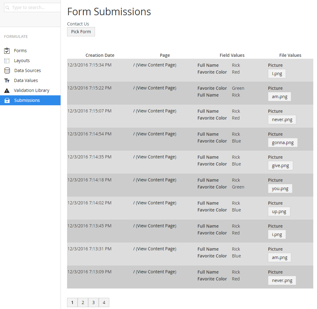 You can view submissions that were created while a "store data" handler was attached to a form.
