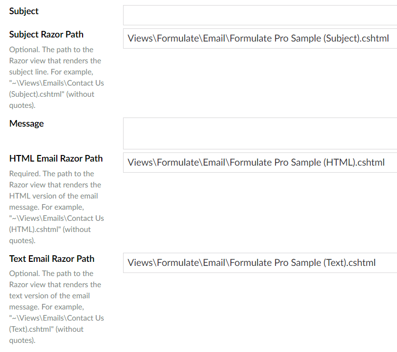 The designed email handler allows you to specify three Razor views to render the subject, the HTML, and the text of the email.