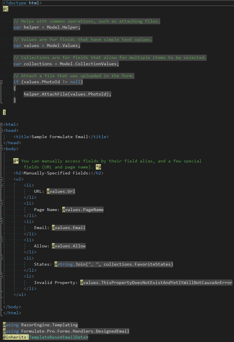 A sample Razor view that you can use to render a designed email.