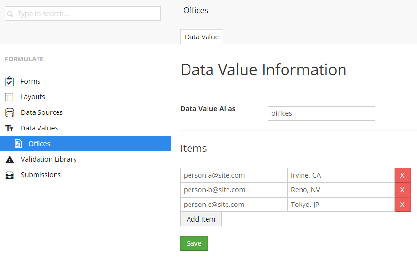 A "Pair List" data value, with the value of each being an email & address.