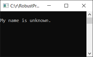Console output showing "My name is unknown"